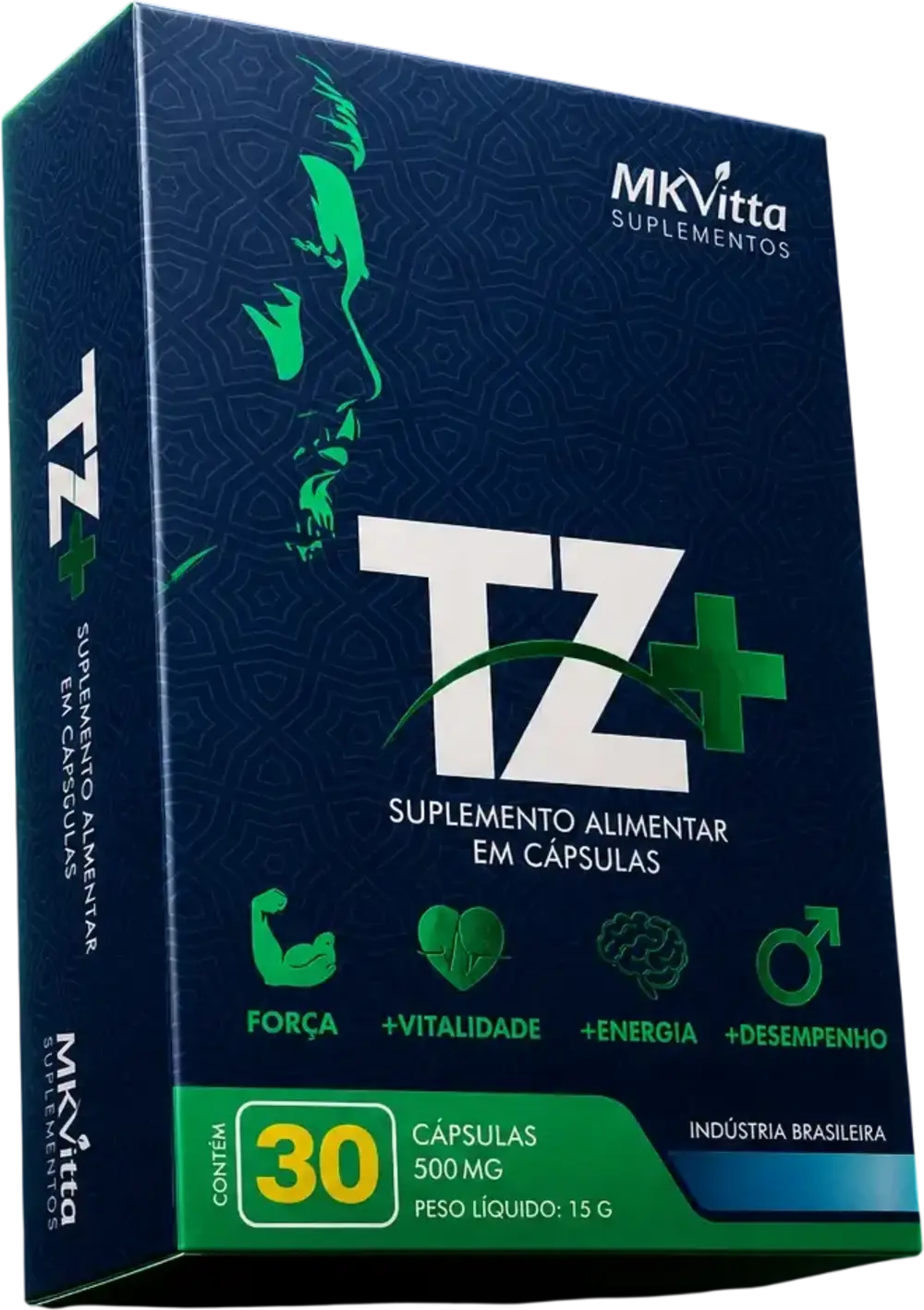 Embalagem do suplemento TZ+ MK Vitta, caixa com 30 cápsulas de 500 mg